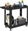 A black utility cart with two shelves, filled with various cleaning supplies and equipment. Podgląd zdjęcia produktu