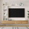 A modern white and wood tone TV wall unit with a large black TV screen mounted in the center. Náhľad obrázku produktu