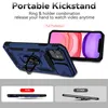 A dark blue phone case with a ring stand is shown, with a phone inside it. Below are two comparison images of the case. Produktbild-Vorschau