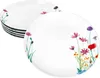 A stack of white plates with a floral design on the edges, with one plate in the foreground. Produktbild-Vorschau