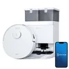 A white robot vacuum cleaner and its charging/emptying station are displayed on a white background, alongside a smartphone showing the brand's logo. Produktbild-Vorschau