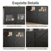 A collage of four close-up images showcasing the details of a black cabinet with wooden accents and glass doors. Náhľad obrázku produktu