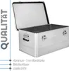 An open aluminum transport box is shown against a white background, with text describing its features on the left side. Produktbild-Vorschau