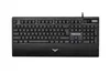 A black gaming keyboard with a wrist rest and a logo. Produktbild-Vorschau
