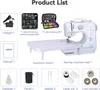 A product list showing a sewing machine and its accessories with labels. Produktbild-Vorschau