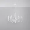 A white chandelier is suspended from a white ceiling against a light gray wall. Voir les images du produit