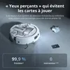 A white robot vacuum cleaner is shown on a gray floor, with some small objects nearby. Text overlays describe its features and performance. Anteprima dell’immagine prodotto