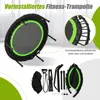 A collage of images showing a fitness trampoline, its components, and a close-up of its elastic bands. Náhľad obrázku produktu