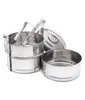 A three-tier stainless steel tiffin carrier with its lid open and one container separate. Podgląd zdjęcia produktu