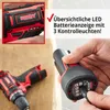 A close-up of a hand holding a battery pack for a cordless drill, with a cordless drill visible in the background. Text overlays highlight a feature of the product. Produktbild-Vorschau
