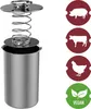 A stainless steel meat cooker with a spring-loaded plunger, shown next to circular icons representing a pig, a cow, a chicken, and a vegan symbol. Produktbild-Vorschau