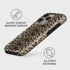 A leopard print phone case is shown at an angle, with callouts highlighting its features. Anteprima dell’immagine prodotto