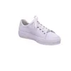 A white leather sneaker with a platform sole and white laces is shown against a white background. Produktbild-Vorschau