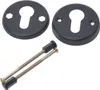 A set of black door hardware, including two keyhole escutcheons and two threaded bolts, is displayed against a white background. Podgląd zdjęcia produktu