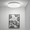 A modern white round LED ceiling light is mounted on a white ceiling above a framed abstract artwork with circular patterns. Podgląd zdjęcia produktu