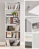 A white bookshelf with various items on its shelves, shown alongside close-up detail shots of its construction and mounting. Náhľad obrázku produktu