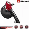 A red and black Einhell leaf blower with a collection bag attached, shown against a white background. Several circular badges with warranty information are visible at the bottom right. Produktbild-Vorschau