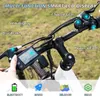 Close-up of an electric bicycle's handlebars and display, with icons at the bottom representing features. Produktbild-Vorschau