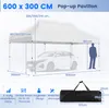 A diagram showing a pop-up pavilion with dimensions and a car underneath, along with a folded bag and feature icons. Produktbild-Vorschau