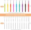 A display of crochet hooks of various sizes and colors, with text describing their features and benefits. Produktbild-Vorschau