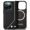 A black iPhone case with BMW branding is shown, split into two halves to reveal the inside and the magnetic ring for MagSafe charging. Anteprima dell’immagine prodotto