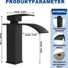 A diagram showing the dimensions and features of a black waterfall faucet. Produktbild-Vorschau