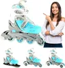 A woman points to a pair of inline skates, with smaller images of the skates in different configurations below. Anteprima dell’immagine prodotto