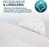 Image shows marketing material for a white rollable stool, with text highlighting its features and a close-up of the material with water droplets. Produktbild-Vorschau