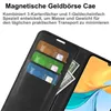 A close-up view of a black wallet phone case with cards and money inserted, and a phone screen visible. Produktbild-Vorschau