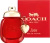 A red Coach Love Eau de Parfum bottle and its red packaging are displayed against a white background. Voir les images du produit