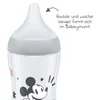 Close-up of the top part of a baby bottle with a Mickey Mouse design, featuring text describing its features. Produktbild-Vorschau