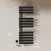 A black electric towel warmer mounted on a light-colored wall, with dimensions and power specifications indicated by text and lines. Anteprima dell’immagine prodotto