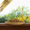 A wooden bowl filled with dried mealworms and soldier fly larvae sits on a wooden surface, with a blurred background of green foliage and yellow flowers. Produktbild-Vorschau