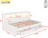 A white daybed with storage drawers and a headboard with integrated lighting, shown with dimensions indicated by red lines and numbers. Náhled obrázku produktu