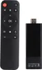A black TV stick and its remote control are placed side-by-side on a white background. Produktbild-Vorschau
