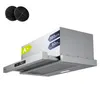 A stainless steel range hood with two charcoal filters shown above it, against a white background. Náhľad obrázku produktu
