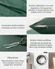 A collage of images showcasing the features of a dark green duvet cover and pillowcase set, including fabric texture, zipper closure, corner ties, and care instructions. Produktbild-Vorschau