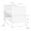 A white baby crib with dimensions and feature labels. Produktbild-Vorschau