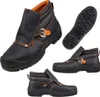 A collage of different views of a black work boot with orange accents. Produktbild-Vorschau