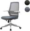 A modern ergonomic office chair with a mesh back and upholstered seat, shown against a white background. Two circular swatches of fabric colors (black and gray) are displayed in the upper right corner. Produktbild-Vorschau
