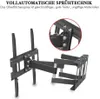 A black metal TV wall mount is shown against a white background, with a close-up inset of its mounting mechanism. Produktbild-Vorschau