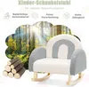 A children's rocking chair with a rainbow design, set against a backdrop of a forest scene and marketing text. Produktbild-Vorschau