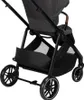 Close-up view of the lower part of a stroller, focusing on the wheels and storage basket. Produktbild-Vorschau
