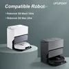 Two robot vacuum docking stations, one white and one black, are displayed on pedestals against a gray background. Text indicates compatibility with specific Roborock models. Voir les images du produit