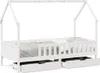 A white wooden children's bed with a house-like frame and two drawers underneath, shown against a white background. Náhled obrázku produktu