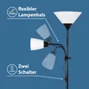 A diagram illustrating the features of a floor lamp against a blue background. Produktbild-Vorschau