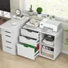 A white office desk with a printer, drawers, and office supplies. Podgląd zdjęcia produktu