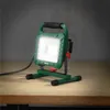 A green LED work light with a black handle and red accents sits on a wooden surface against a textured gray background. Produktbild-Vorschau