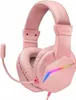 A pink gaming headset with RGB lighting on a white background. Produktbild-Vorschau