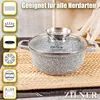 A speckled gray pot with a glass lid sits on a woven placemat, with various icons and text overlayed on the image. Anteprima dell’immagine prodotto